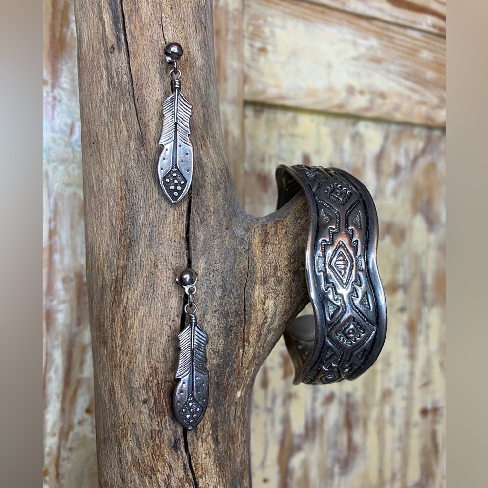 Vintage Southwestern Bracelet and Feather Earring Set